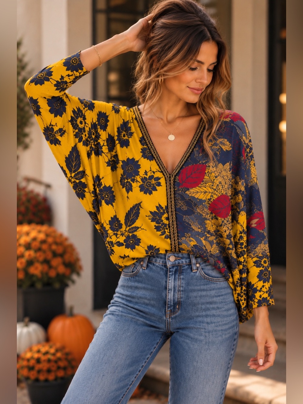 Desigual Size L Mixed Floral Batwing Sleeve Boho Blouse Multicolor